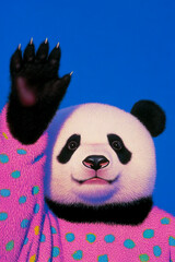 Whimsical image of a panda bear wearing a pink, polka-dotted sweater and waving, set against a bold blue background for a playful effect