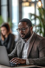 Obraz premium Business professional wearing a suit and glasses focused on the laptop screen in an office setting.