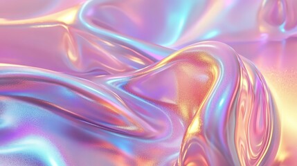 Obraz premium Abstract iridescent holographic background with wavy, rippling surface in soft pink, blue and yellow tones.