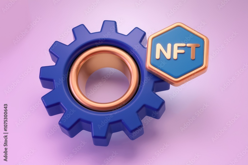 Poster 3d rendering of a blue gear with an nft sign.