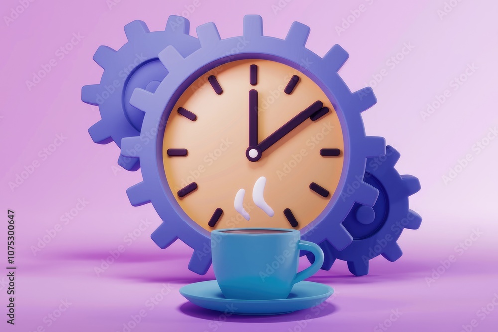 Poster a cup of coffee sits in front of a clock made of gears suggesting a productive start to the day.