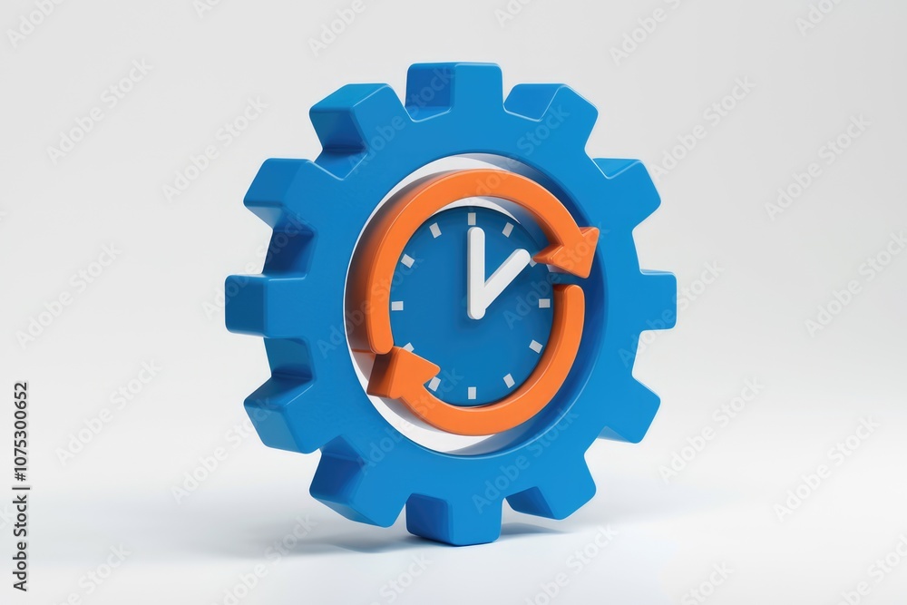 Poster a blue gear with an orange clock and arrows symbolizing time management.