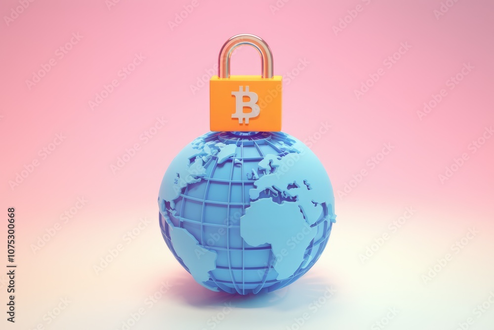 Aufkleber a padlock with a bitcoin symbol on top of a globe representing global cryptocurrency security.