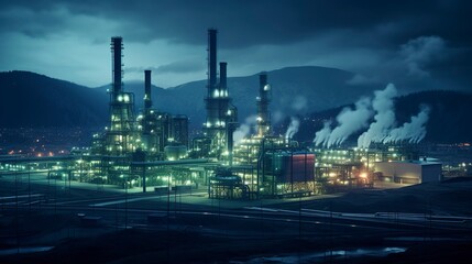 A photo of a geothermal power station at night.