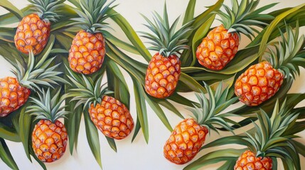 Fototapeta premium Top view oil painting featuring ripe pineapples surrounded by vibrant green leaves on a white background showcasing their natural beauty