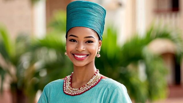 In an elegant outdoor setting, a captivating individual showcases the richness of cultural heritage while adorned in exquisite traditional attire and accessories, exuding joy and grace