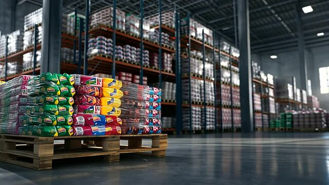 A pallet packed with colorful wrapped food products, standing in sharp detail, with the high racks of the warehouse stretching up in the background.