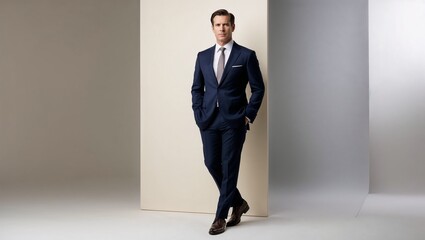 Sophisticated male job applicant in a tailored suit, posing confidently against a neutral background