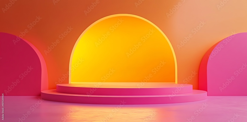 Poster abstract minimal geometric background with pink and yellow arch and podium.