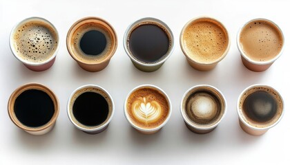 Set Of Paper Take Away Cups With Different Coffee Types, Top View On White Background.