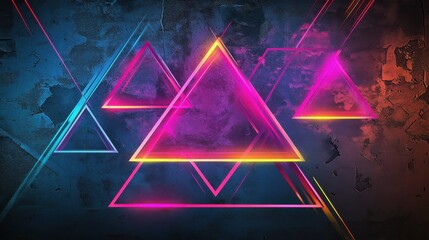 Vibrant neon geometric shapes create a stunning backdrop with a blend of blue and pink hues.