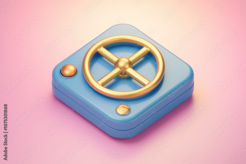 Aufkleber a blue square with a gold circular handle on top.