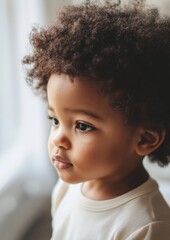 Obraz premium A young child with dark hair and a white shirt