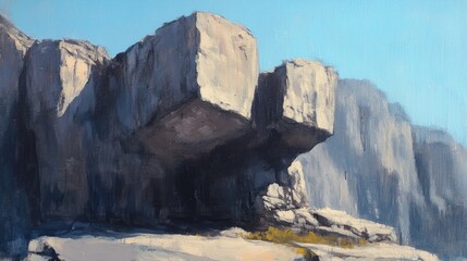 Oil painting depicting a powerful rock formation