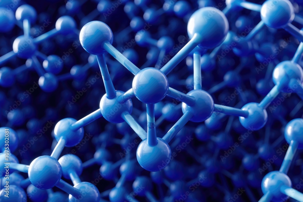 Poster a close up of a molecular structure with blue spheres connected by lines.