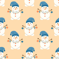 Christmas seamless pattern with a cute snowman in a hat, scarf and with Christmas decorations. Vector winter background. Perfect for textiles, wallpaper or holiday design.