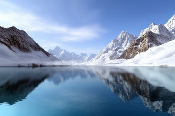 A stunning mountain lake with crystal-clear blue water surrounded by snow-capped peaks