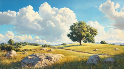 Fototapeta premium Oil painting depicting a rural landscape featuring rocks and clouds capturing serene countryside scenery