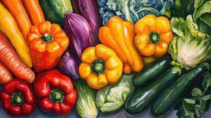 Oil painting depicting a vibrant assortment of fresh vegetables arranged as a salad emphasizing healthy eating