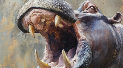 Close up oil painting of a yawning hippo capturing the essence of wild nature and wildlife in a macro perspective