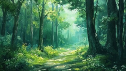 Obraz premium Oil painting depicting a serene forest scene with lush greenery and trees capturing the essence of a tranquil woodland environment