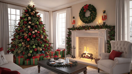 Cozy Traditional Christmas Living Room with Festive Decor and Fireplace, Christmas living room, holiday decor, Christmas tree, fireplace, Christmas decorations
