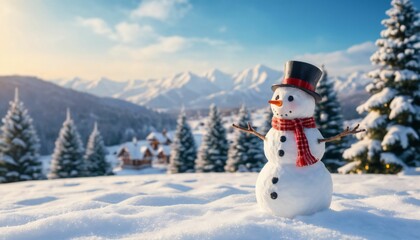Fototapeta premium Merry christmas and happy new year greeting card with copy-space. Happy snowman standing in christmas landscape. Snow background. Winter fairytale.