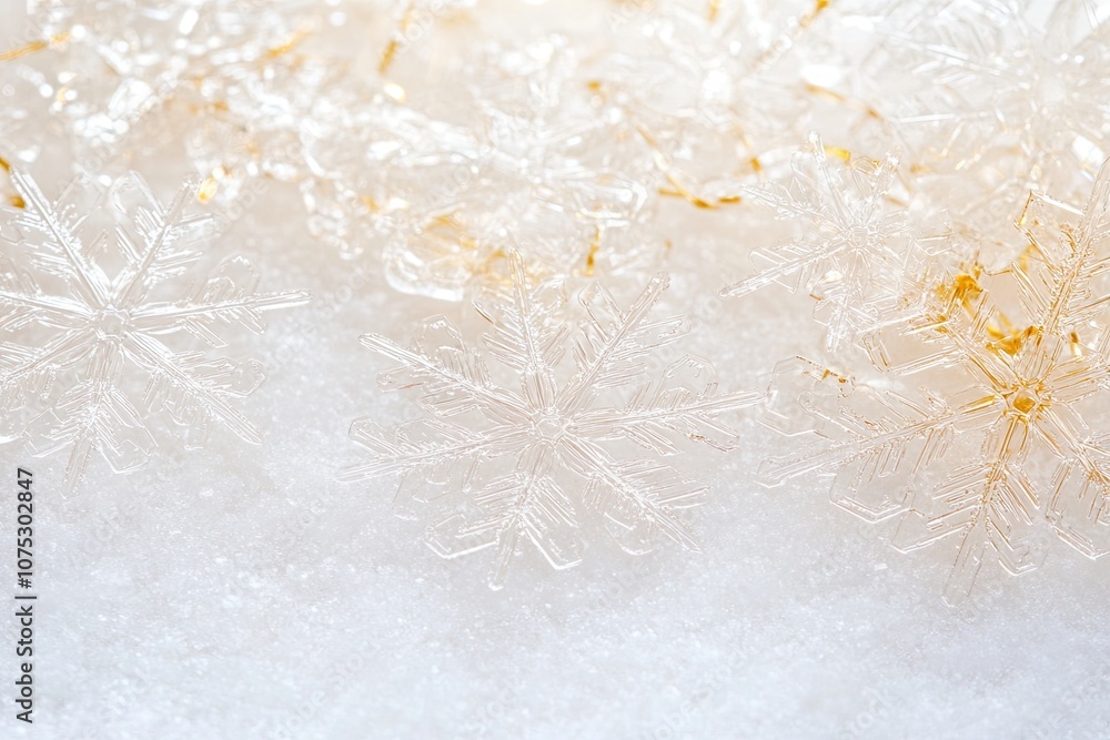 Poster intricate snowflakes resting on a cold surface illuminated by soft light in a winter landscape