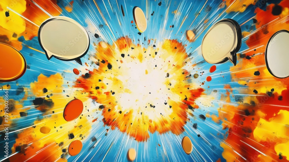 Poster dynamic comic-style explosion with colorful speech bubbles representing conversation and action.