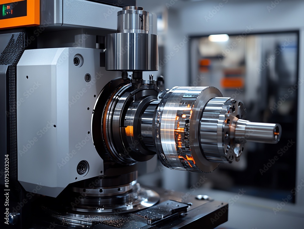 Aufkleber close-up of a cnc lathe machine with a metal workpiece being machined in a factory.