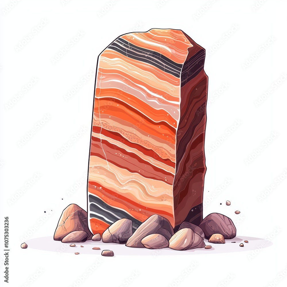 Poster colorful layered stone with smooth edges displayed on white isolated background.