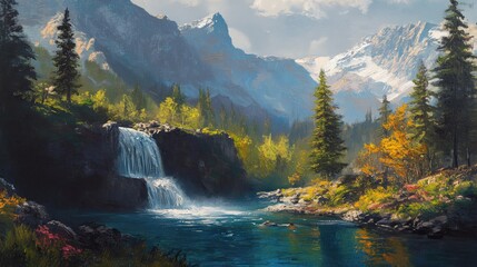 Oil painting featuring a serene mountain river flowing through a picturesque natural park adorned with lush trees and vibrant scenery showcasing the beauty of nature