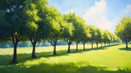 Naklejka premium Oil painting featuring a row of lush green trees and vibrant grass in a serene natural landscape