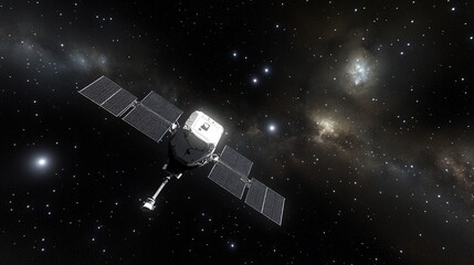 Space probe traveling through deep space with solar panels extended, antennas, and scientific instruments visible, surrounded by distant stars and galaxies.