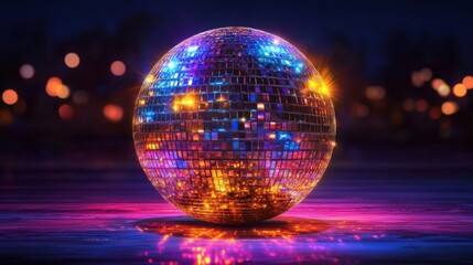 Obraz premium A vibrant disco ball reflecting colorful lights, creating a lively atmosphere perfect for celebration.