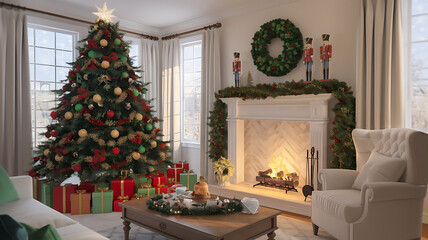 Cozy Traditional Christmas Living Room with Festive Decor and Fireplace, Christmas living room, holiday decor, Christmas tree, fireplace, Christmas decorations