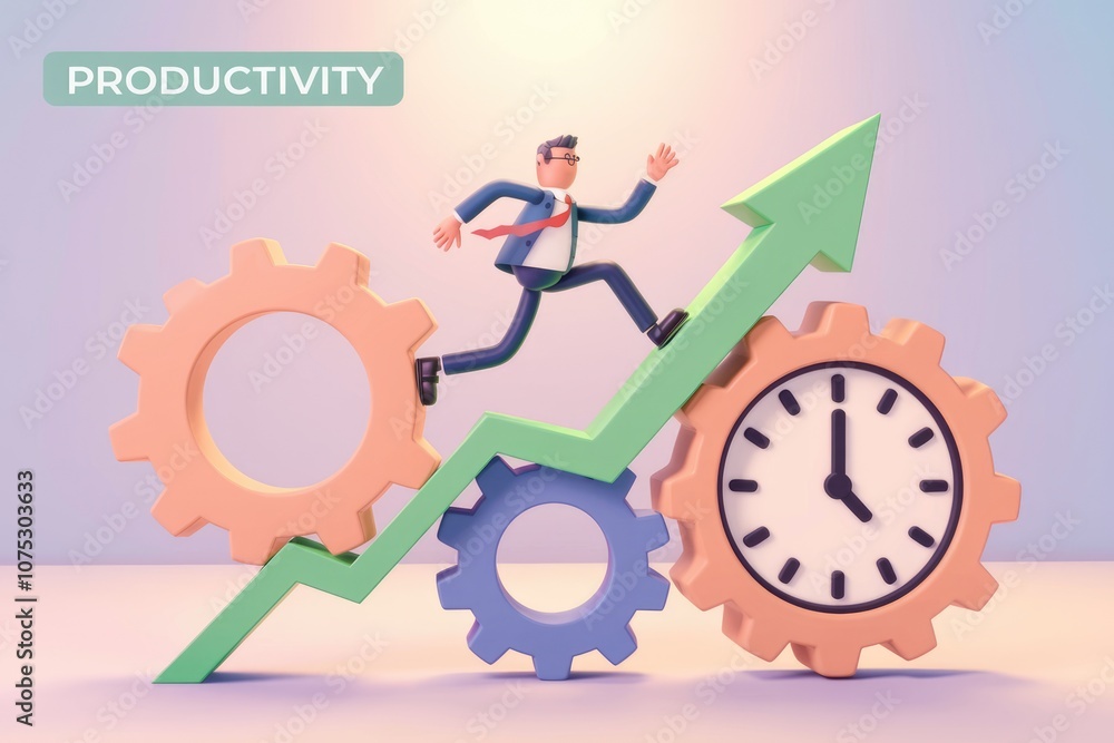 Poster a 3d illustration depicting a businessman running up an arrow representing productivity.