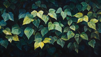 Fototapeta premium Oil painting featuring vibrant green leaves against a dark backdrop