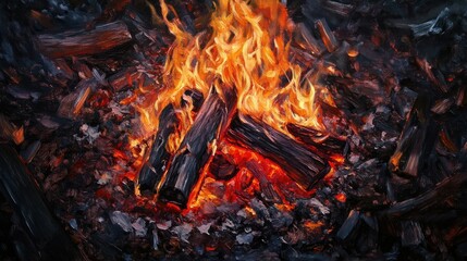 Oil painting depicting a close up of a campfire with flames set against a blurred background of natural elements and charred wood