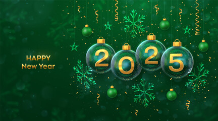 Happy New Year 2025. Golden metal 3D numbers 2025 in transparent glass bauble. Hanging Christmas balls, ice snowflakes and stars, confetti. Greeting card, poster, banner, flyer. Vector Illustration.