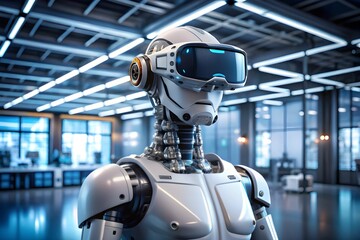 Fototapeta premium A robot wearing vr headset in hightech space 