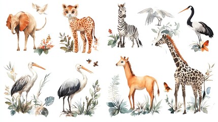 Watercolor illustrations of various African animals with foliage and butterflies on a white background.