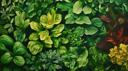 Oil painting depicting a vibrant green salad composed of various fresh leafy greens and microgreens representing a healthy raw food and detox diet concept
