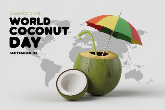 A refreshing coconut drink with an umbrella  celebrating World Coconut Day on September 2nd.