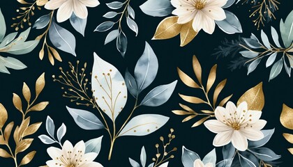 Winter background vector. Hand painted watercolor and gold brush texture, Flower and botanical leaves hand drawing. Abstract art design for wallpaper, wall arts, cover, wedding and invite card.