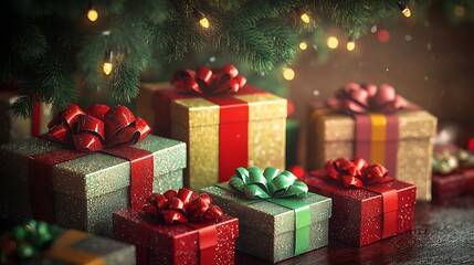 Obraz premium A collection of beautifully wrapped Christmas gifts under a tree with colorful bows and glittering paper