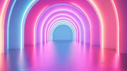 Neon Glowing Arches in a Futuristic Abstract Scene with Vibrant Colors. AI generated illustration