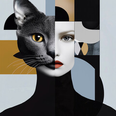 An abstract, artistic portrait of a woman seamlessly blended with a cat's face, creating a surreal and creative composition.
