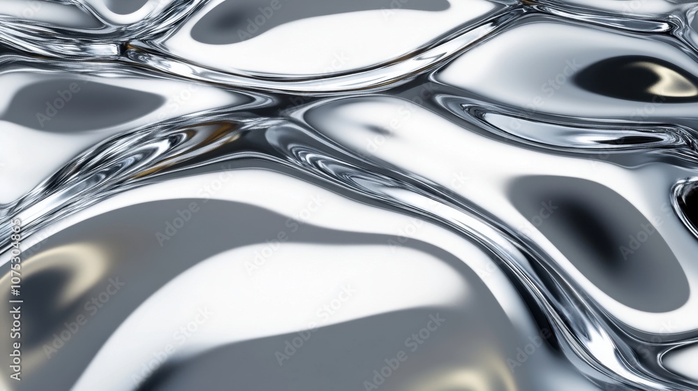 Poster abstract close-up of flowing silver liquid with smooth, reflective curves creating a dynamic visual 