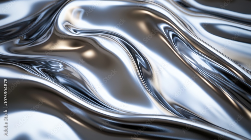 Poster smooth and reflective metallic surface with flowing waves and intricate patterns, evoking a sense of
